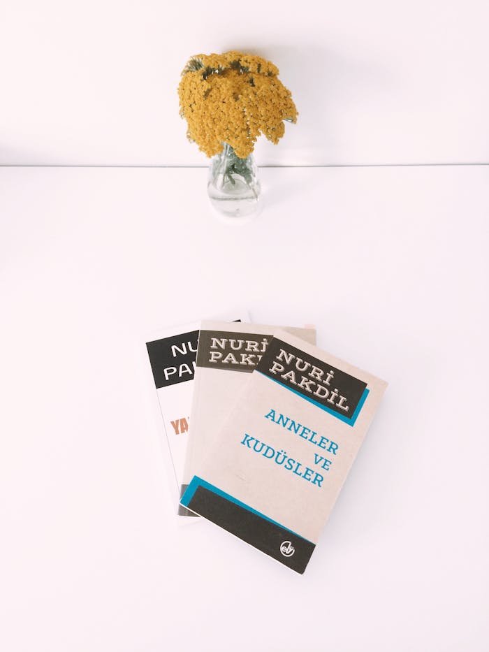 Top-down view of books and a vase with yellow flowers on a white table, giving a minimalist vibe.