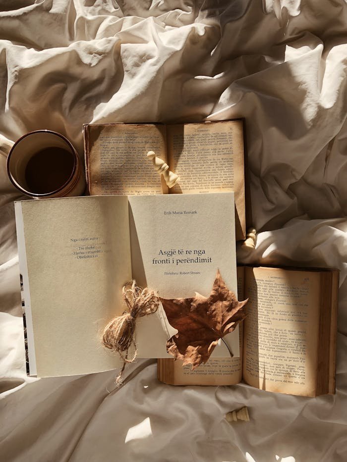 Warm sunlight over books and coffee on a cozy bed, creating a serene reading atmosphere.