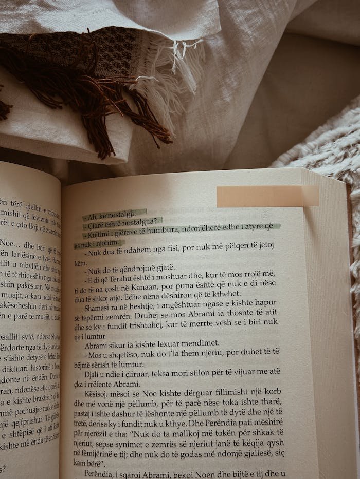 Close-up of an open book with highlighted text on a cozy fabric background, suggesting a reading nook.